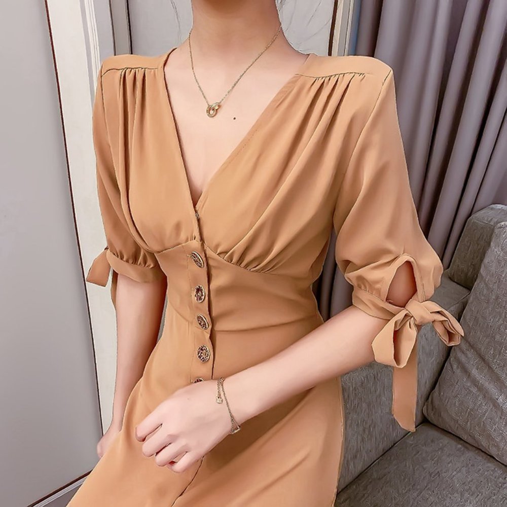 C050 Women Sexy Deep V neck Cotton Maxi Dress Short Sleeves Button Up Clothing - Picture 2 of 7